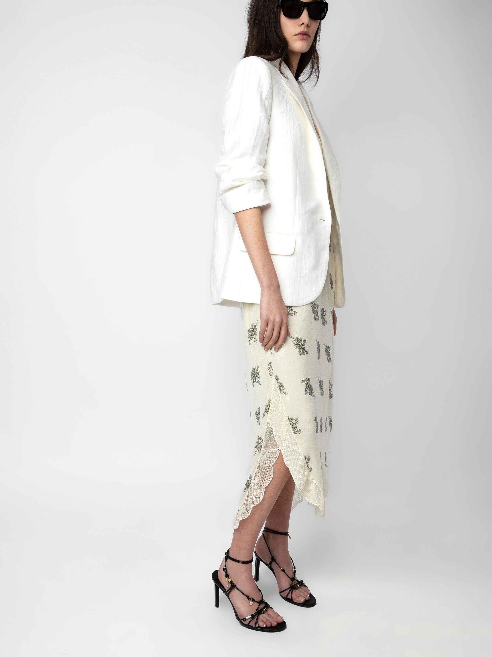 Ristyl Sequin Dress - Ecru lingerie-style long dress with floral print, sequins, straps and lace trim.